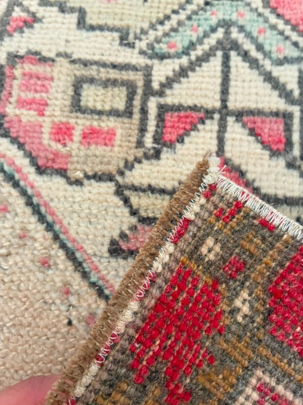 Vintage Turkish Runner 1x3 Small Area Pink Cream Navy Blue Wool Oushak Mat gallery