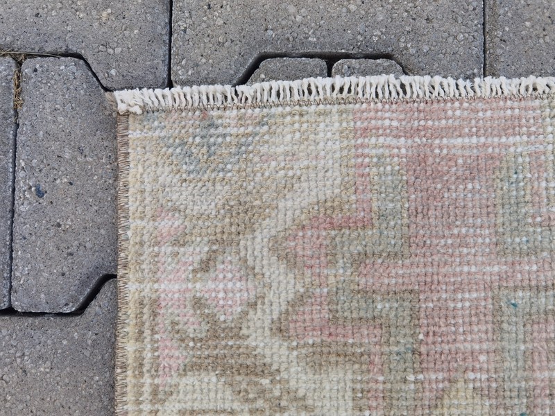 Muted Pink Oushak Wool Rug 16"x35" Small Vintage Runner Blush Cream Green gallery