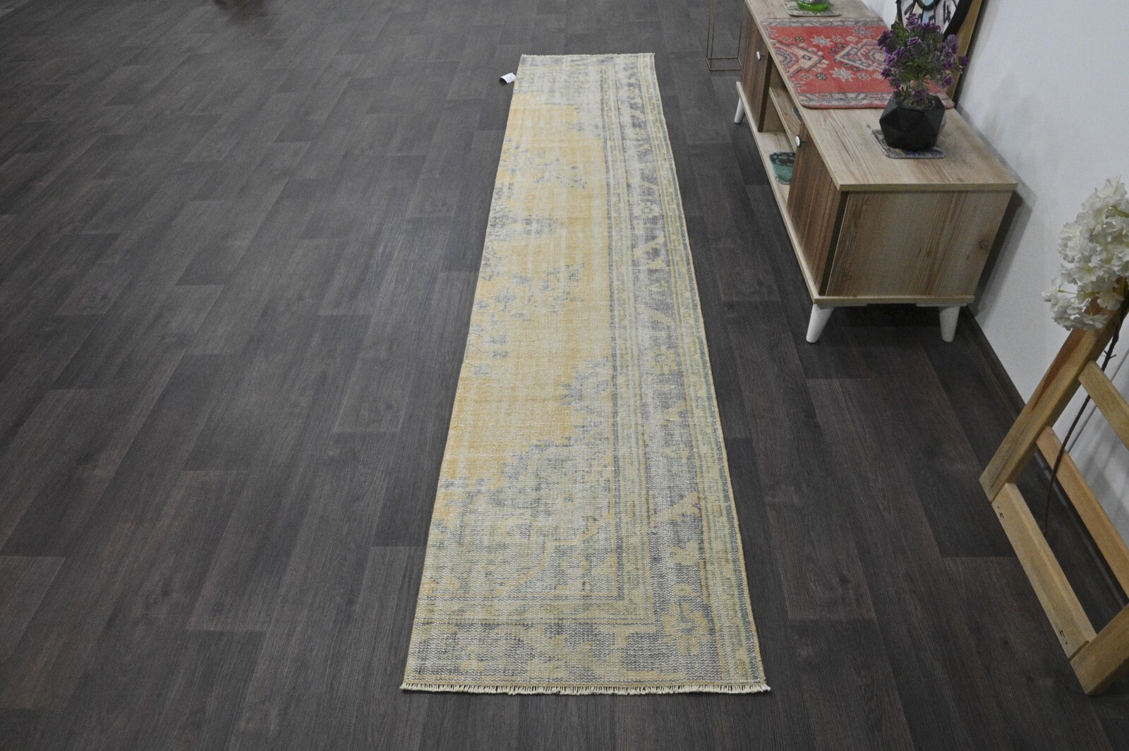 Vintage Turkish Runner Rug 2x10ft YELLOW Handmade Anatolian Oushak Hallway Wool gallery