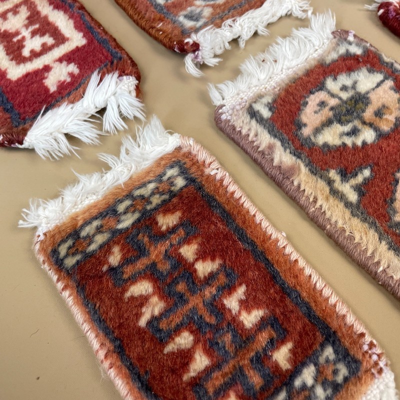 Vintage Miniature Oriental Rugs x8 Handwoven Wool Tabletop Decor Red Mats Set gallery