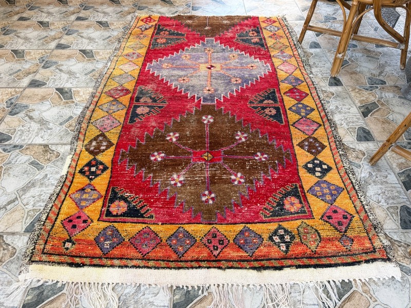1970s Geometric Turkish Vintage Rug, Tribal Handmade Anatolian Wool Area Rug 4x7 gallery