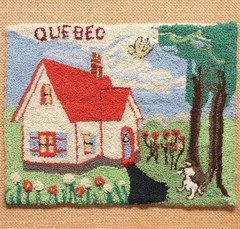 Antique Quebec House and Dog Miniature Hooked Rug – Framed!
