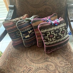 4 Kilim Rug Pillow Handknotted Woven Wool 10″x10″ Southwest Aztec Tribal Beads