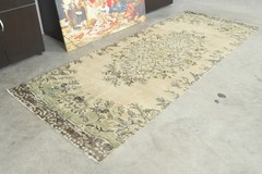 4×9 Turkish Runner Rug Hand-Knotted Faded Vintage Oushak Rug Runner Carpet,144