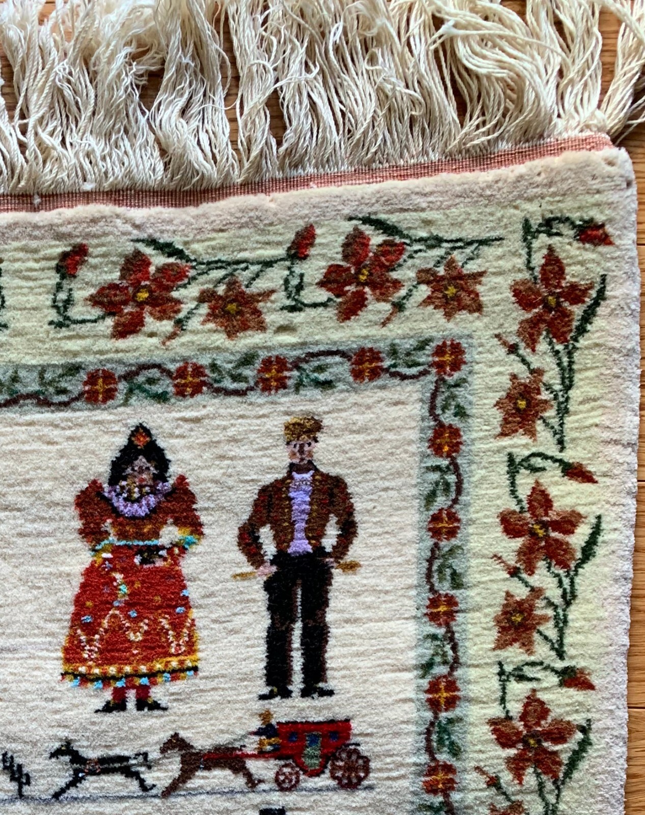 Vintage handmade wool tapestry rug with folk-art design, 22x26 inches gallery