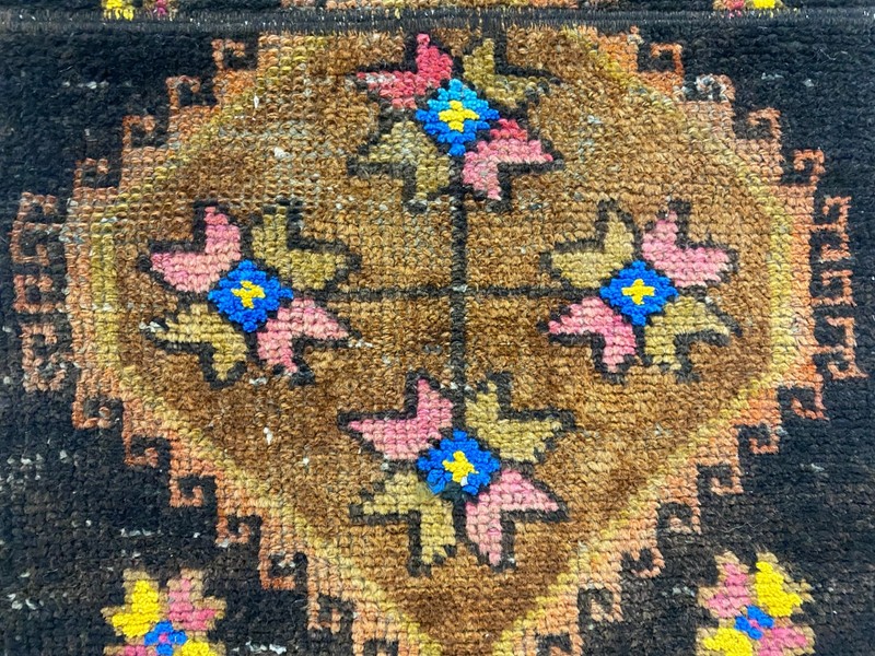 Vintage Patchwork Rug 1.3x3.2 ft Antique Geometric Medallion Dark Tribal Carpet gallery