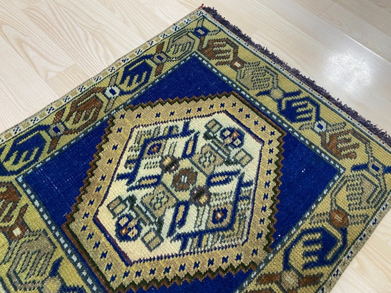 Antique Turkish Rug 1.7x1.9 ft Vintage Cobalt Blue Mustard Geometric Small Mat gallery
