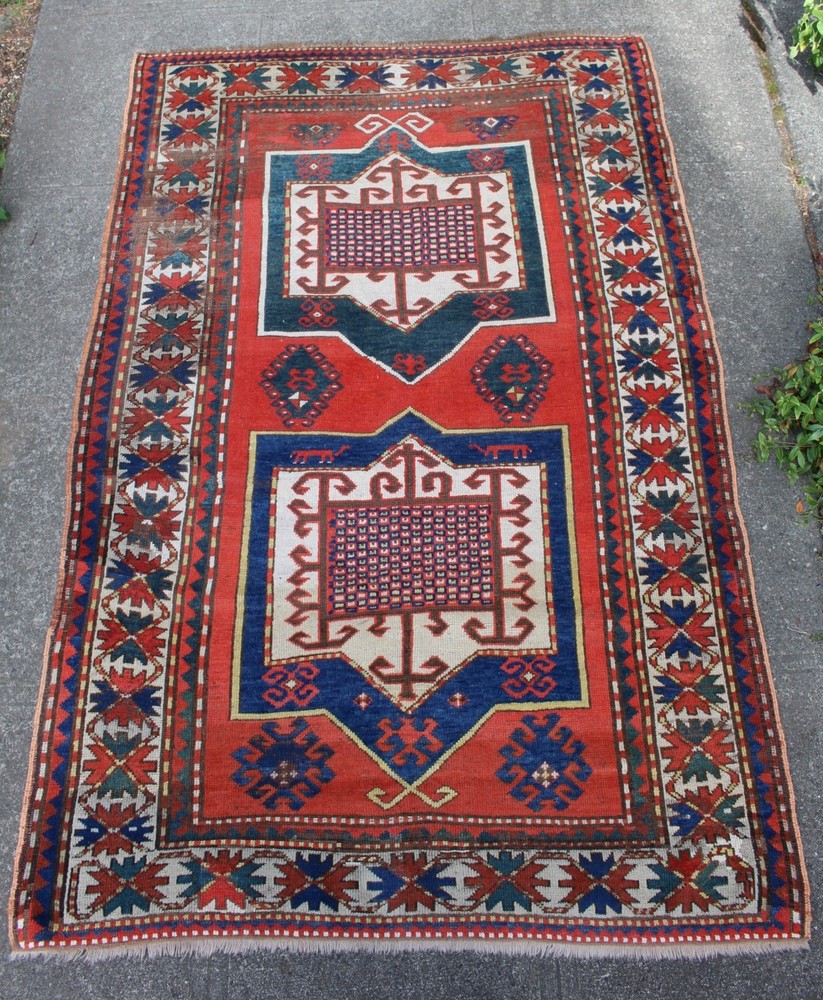 Antique 53"x 82" Caucasian Fachralo Kazak Carpet Featuring Animals c. 1890