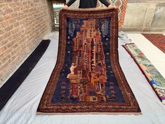 Vintage Afghan Hand-Knotted Wool Rug 4’3″ x 7’8 Pictorial Design Blue Tribal Rug