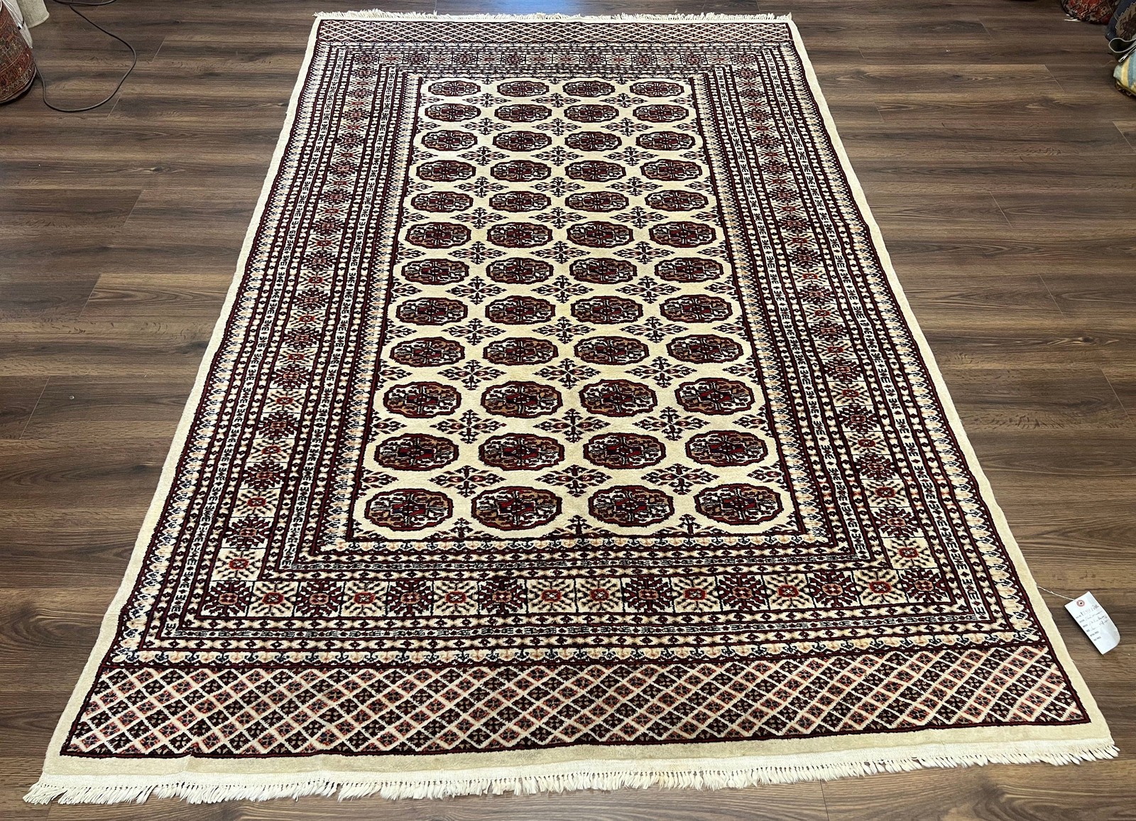 Pakistani Turkoman Rug 6x9 Cream and Red Hand Knotted Wool Oriental Yamud Carpet gallery
