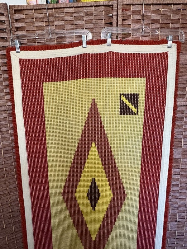 Vintage 70's MCM Latchhook Rug Bohemian Aztec 54X29 gallery