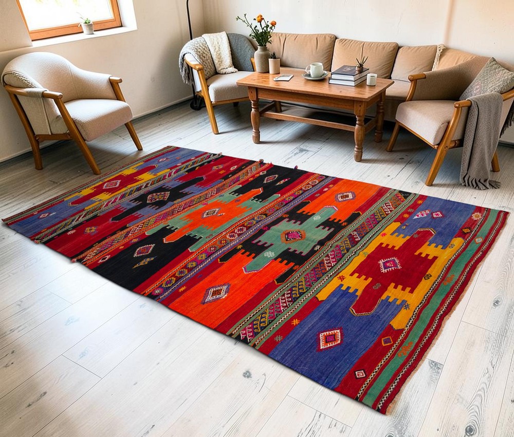 Vintage Turkish Rug Kilim Hand Made Colorful Rug for Living room 5′11″ x 10′10″