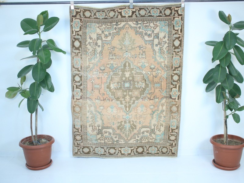 Vintage Hand Knotted Area Rug Blue Teal Brown Geometric Tribal 4x6 ft gallery
