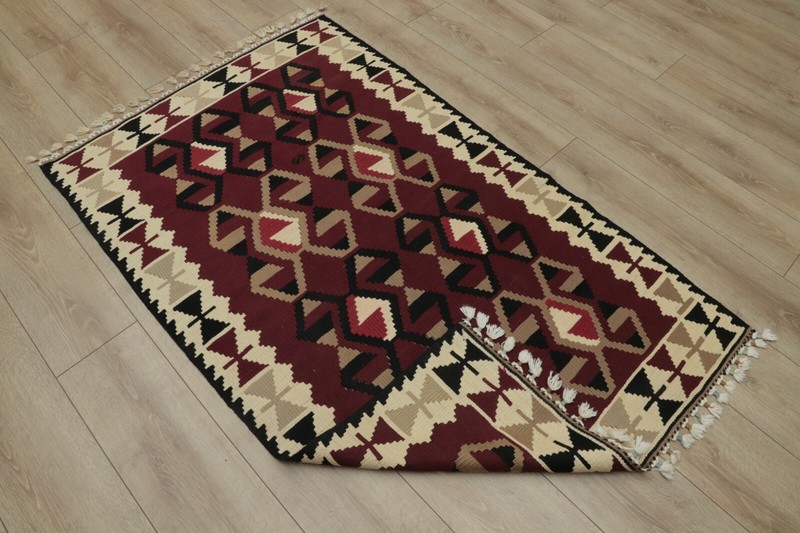 Burgundy Carpet Anatolian Handwoven Vintage Ethnic Cappadocia Kilim Rug 4x5 ft gallery