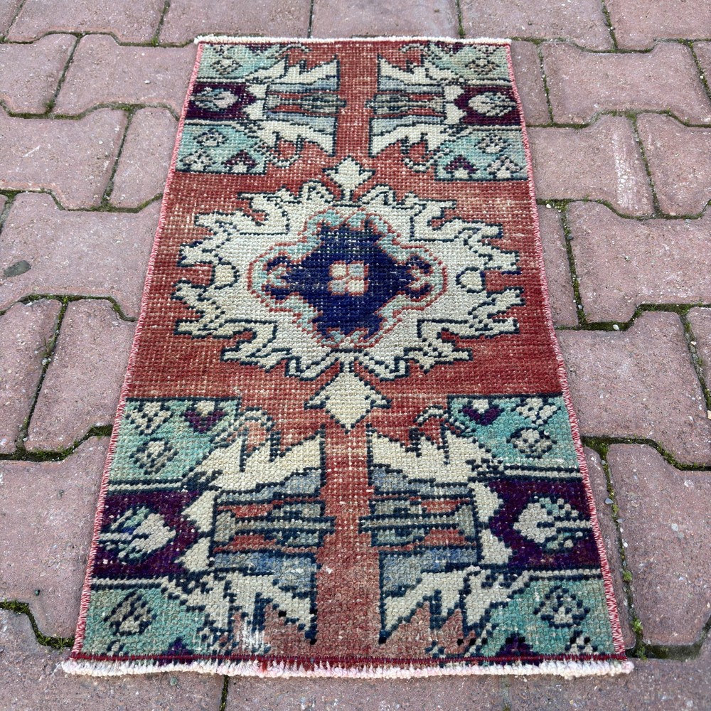 Plum Aqua 1x2 Vintage Turkish Oushak Wool Rug-Tariff Free