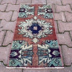 Plum Aqua 1×2 Vintage Turkish Oushak Wool Rug-Tariff Free