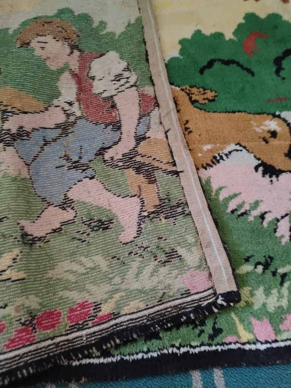 Vintage Tapestry Rug ( Boy, dog duck outdoor scene) 21 X 36 gallery