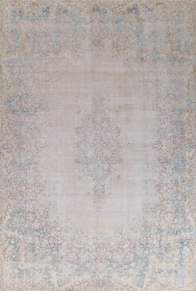 Antique Kirman Distressed Evenly Low Pile Area Rug 10x13 Hand-knotted Muted Wool