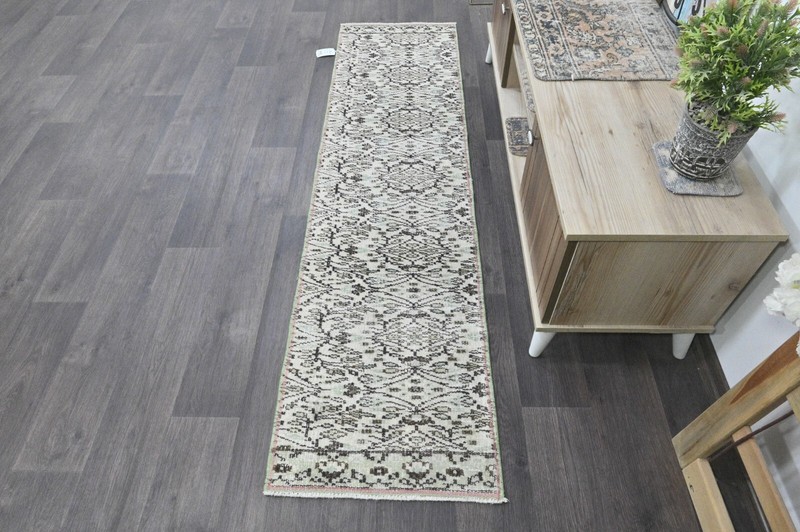 Vintage Turkish Runner Rug 2x7ft BEIGE Handmade Anatolian Oushak Hallway Wool gallery