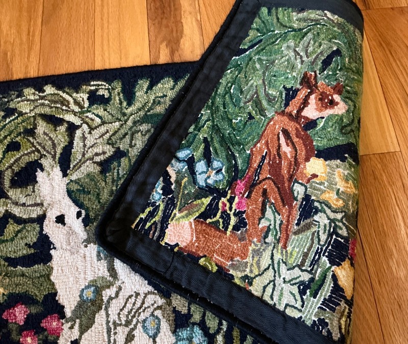 c1940s American Folk Art Pictorial Hooked Rug FOX & Hare in Ivy Patch 17”x 33” gallery