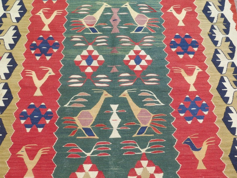 Vintage Turkish Green Red Bird Motif Kilim Area Rug Handmade Bedroom Rug 43"x64" gallery