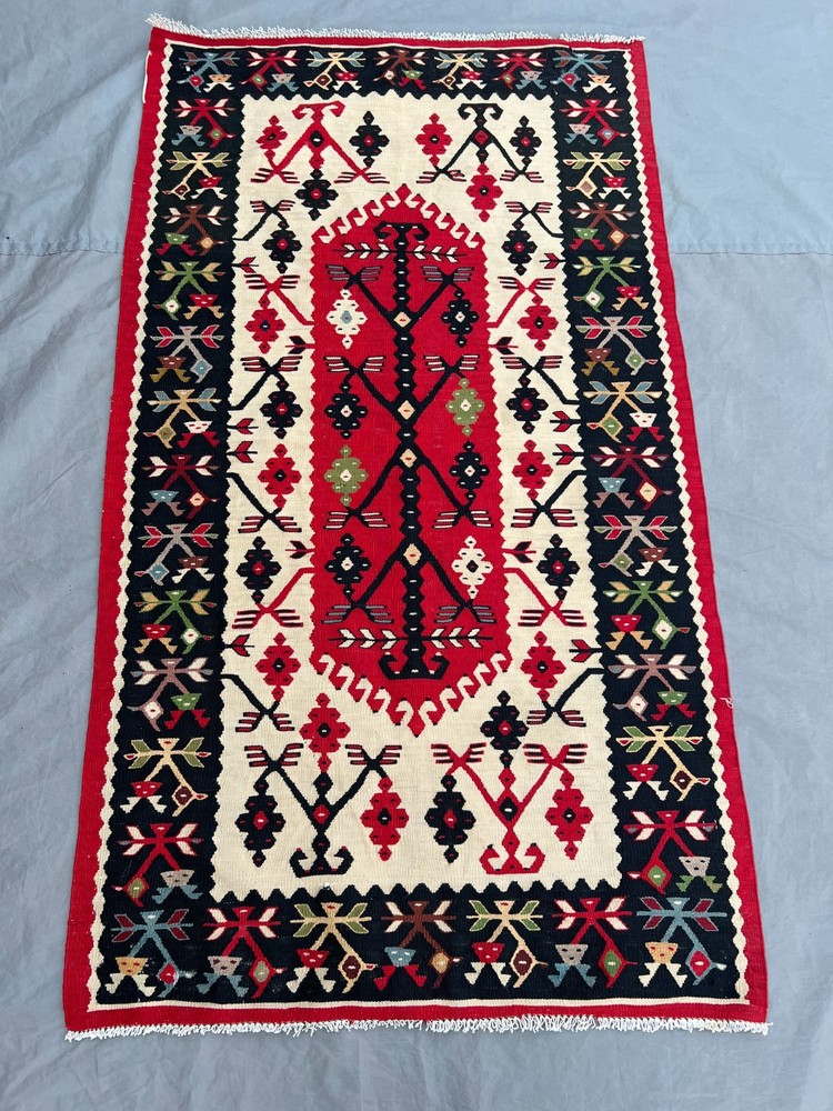 2'11x5'2 ft Vintage Handmade Afghan Geometric Kilim, Red & Black Design Rug
