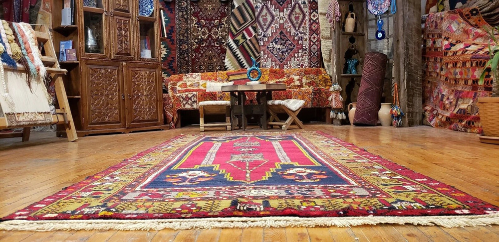 Rare Antique Cr1900-1939s Wool Pile Natural Dye Area Rug Folk-Art 4'5" x 8'9"