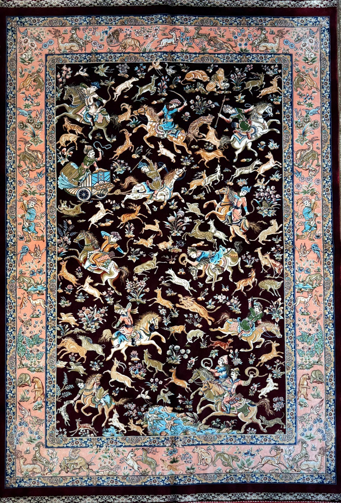 100 x 150cm Hunting Pattern Silk Rug 3x5 feet, Animal Pictorial, Vintage Design gallery