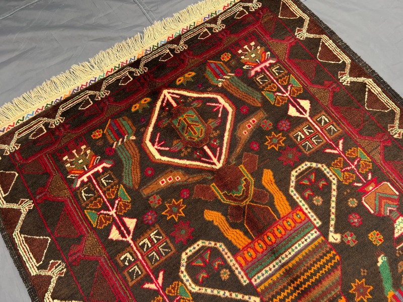 3'7x6'6 ft Vintage Afghan Baluchi Hand-Knotted Pictorial Dark Red Multicolor Rug gallery