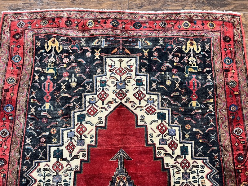 Vintage Rug 5x12 Tribal Carpet Red Cream Navy Pictorials Handmade Wide Runner gallery
