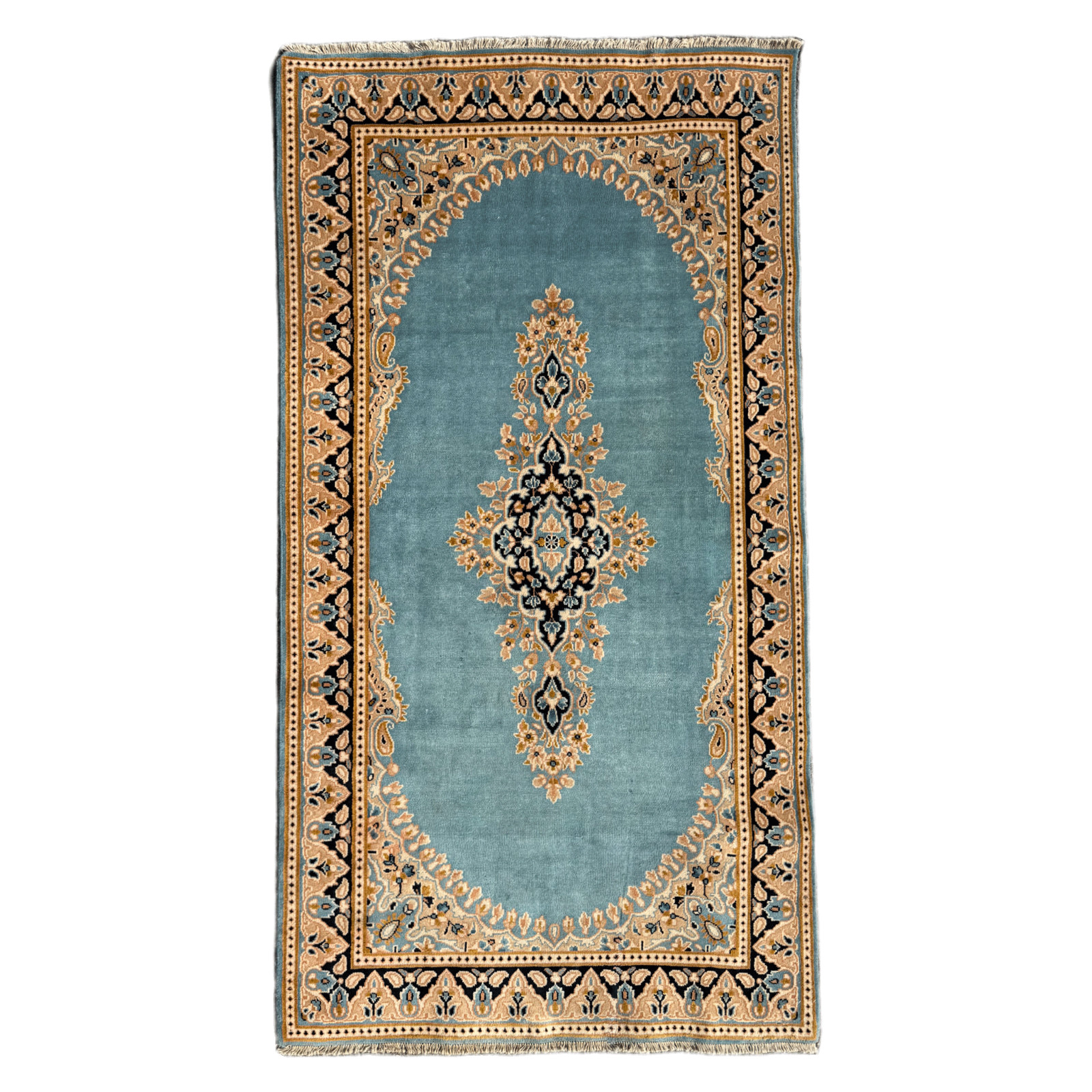 CLEAN VINTAGE KESHAN RUG HAND MADE EASTERN BLUE WOOL CARPET CLEAN 6'9" x 3'9" gallery