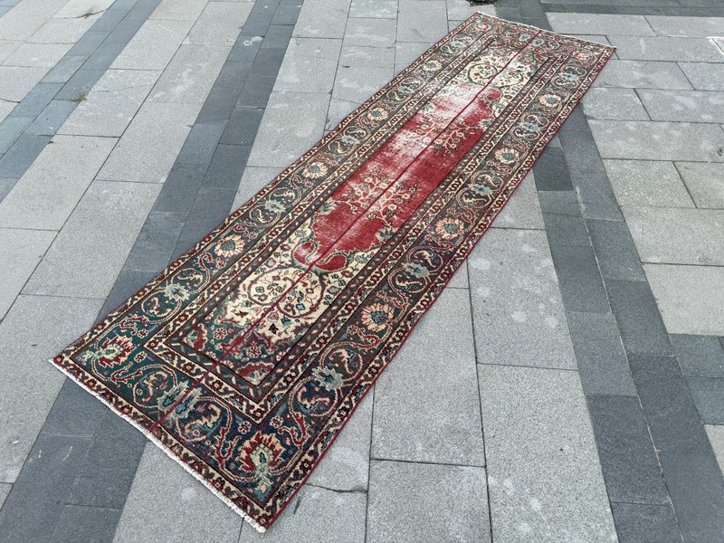 Vintage Red Turkish Runner Rug 2.8x9.7 Ft Handmade Wool Hallway Carpet Distresse gallery