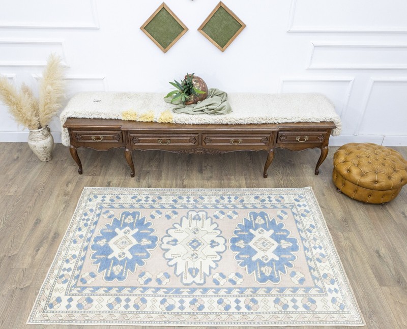 Modern Turkish Oushak Pink Blue Vintage Area Rug 4.2x6.6 ft Handmade Wool Carpet gallery
