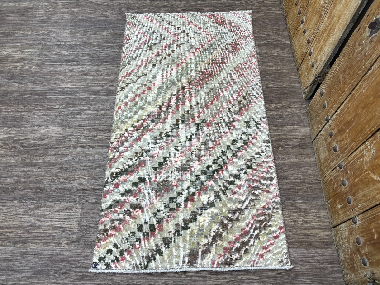 3x5 Check Vintage Turkish Rug, Hand-Knotted Distressed Anatolian Wool Accent Rug gallery