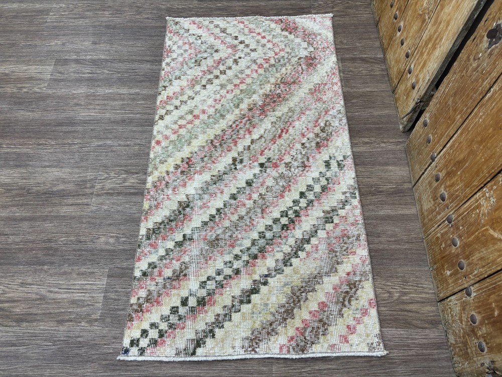 3x5 Check Vintage Turkish Rug, Hand-Knotted Distressed Anatolian Wool Accent Rug