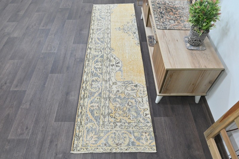 Vintage Turkish Runner Rug 2x7ft BEIGE Handmade Anatolian Oushak Hallway Wool gallery