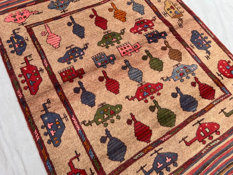 Beige 4x6 Afghan War Rug Hand Knotted Wool Vintage Pictorial Tribal Office Rug gallery