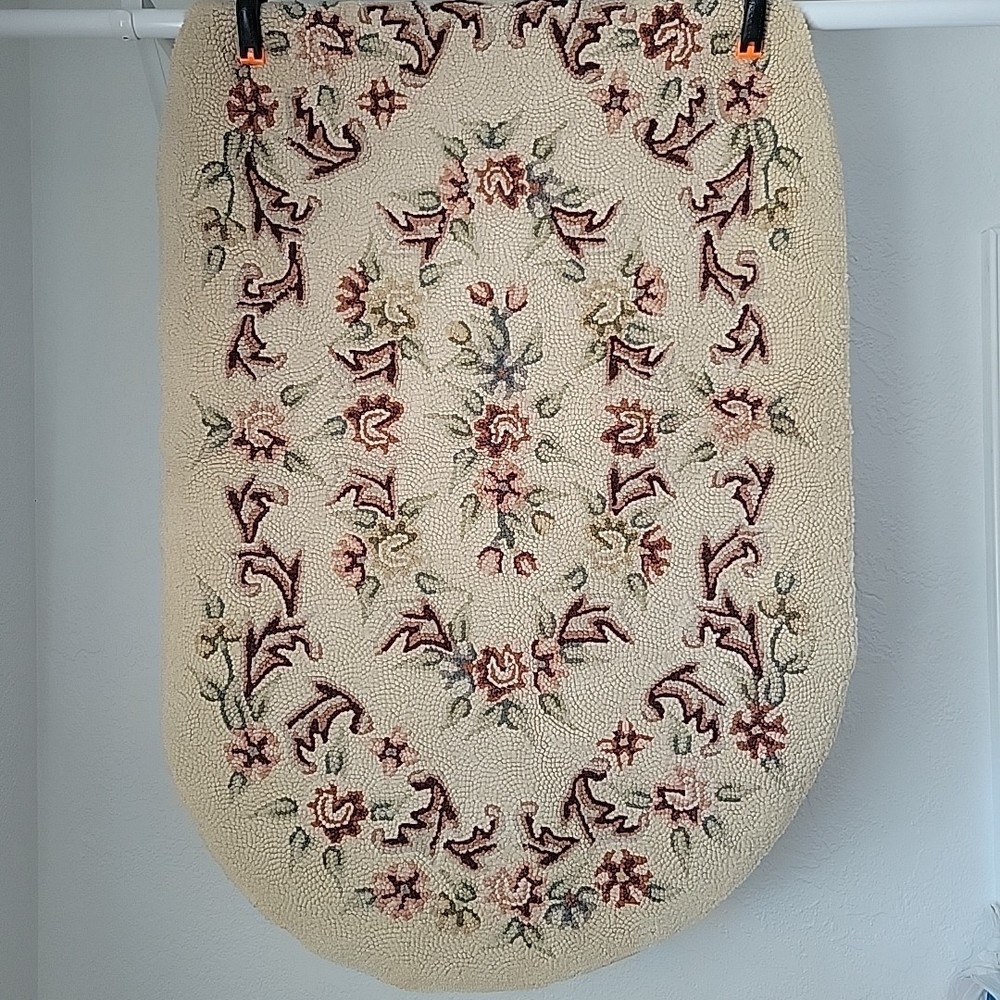 Floral Needlepoint Rug Oval Handmade Primitive Punch Needle Earth Tone 33x54 GVC