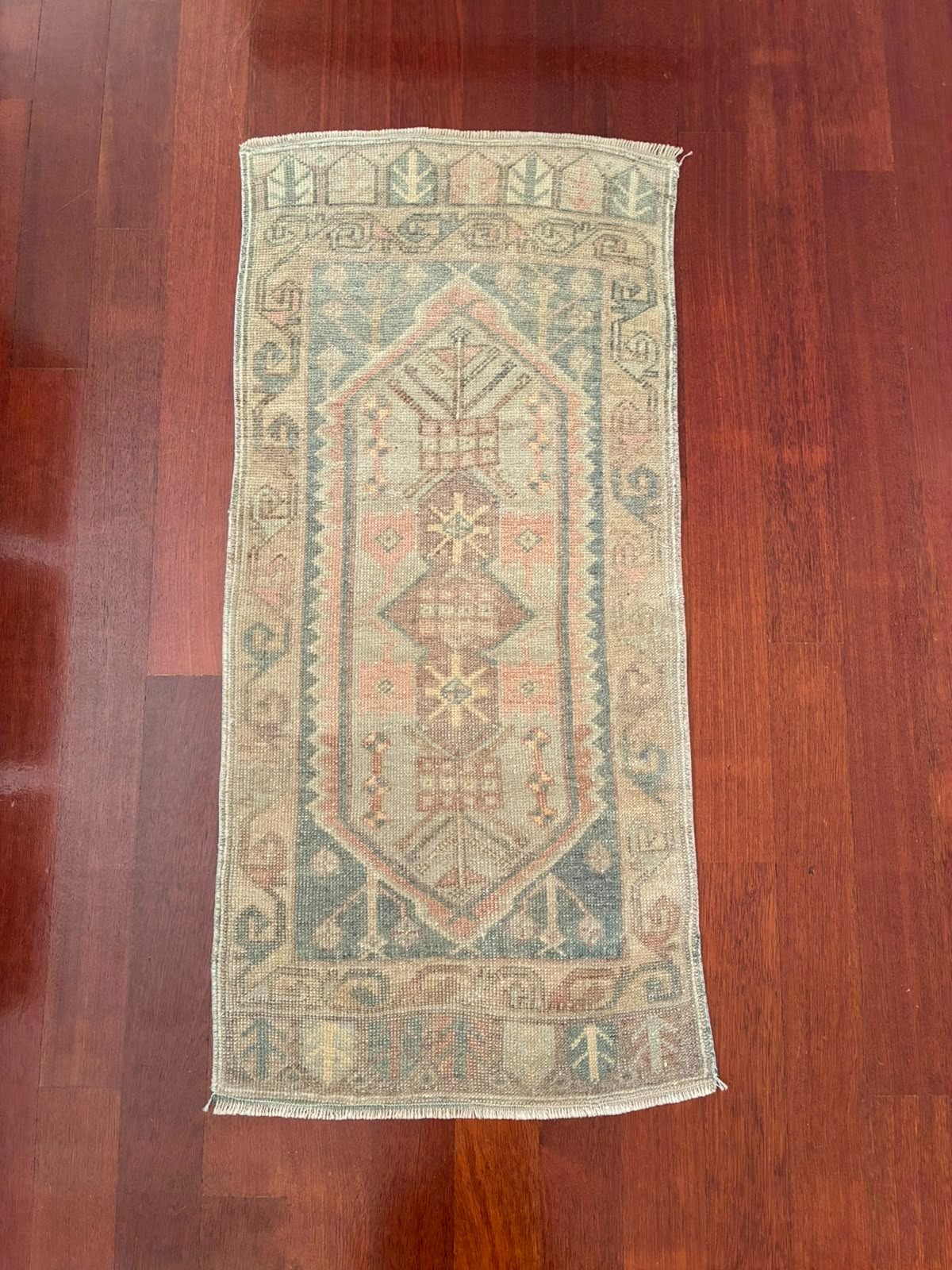 Vintage Turkish Rug 2x4 Small Runner Muted Sage Green Pink Wool Hand Knotted Mat gallery