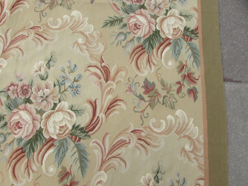 Vintage Hand Made French Design Wool Beige Green Original Aubusson 440X312cm gallery