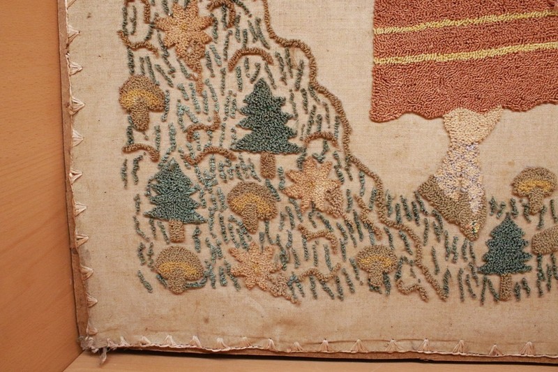 Antique European Polish Folk Art Figures Hooked Rug Scene Trees. Birds 30”x 31” gallery