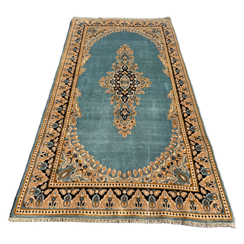 CLEAN VINTAGE KESHAN RUG HAND MADE EASTERN BLUE WOOL CARPET CLEAN 6'9" x 3'9" gallery