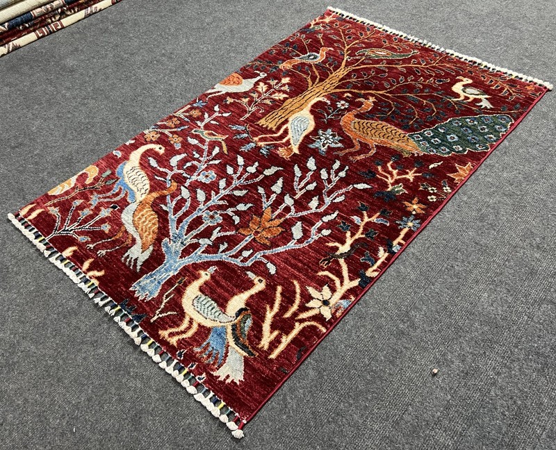 Handmade Afghan Pictorial Peacock Rug 3x4 Ft – Vintage Red Floral Boho Decor gallery