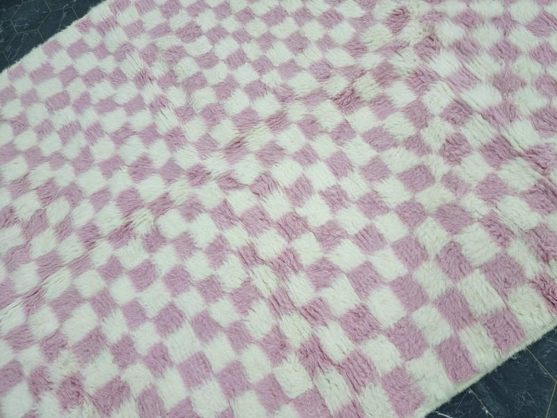 Moroccan Handmade Beni Ourain Rug 5'x7'7" Berber Checkered Pink White Carpet gallery