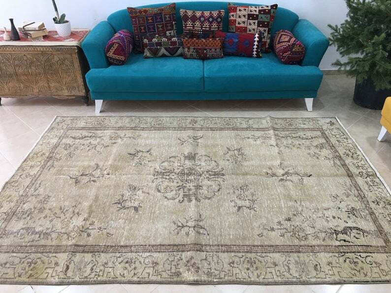 Faded Antique Persian Bohemian Oushak Area Rug Handknotted 5.7x8.7ft, 174x265cm gallery