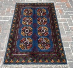 Blue Afghan Ersari Geometric Area Rug 4×6 ft Hand Knotted Tribal Bedroom Carpet