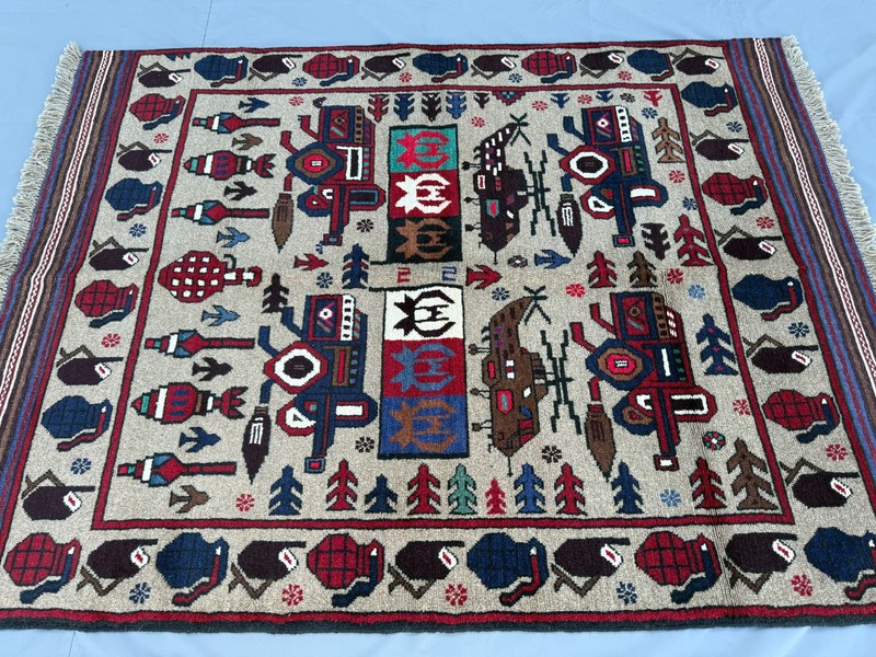 Fine Hand Knotted Afghan War Rug 4x6 ft Vintage Persian Style Pictorial Carpet gallery