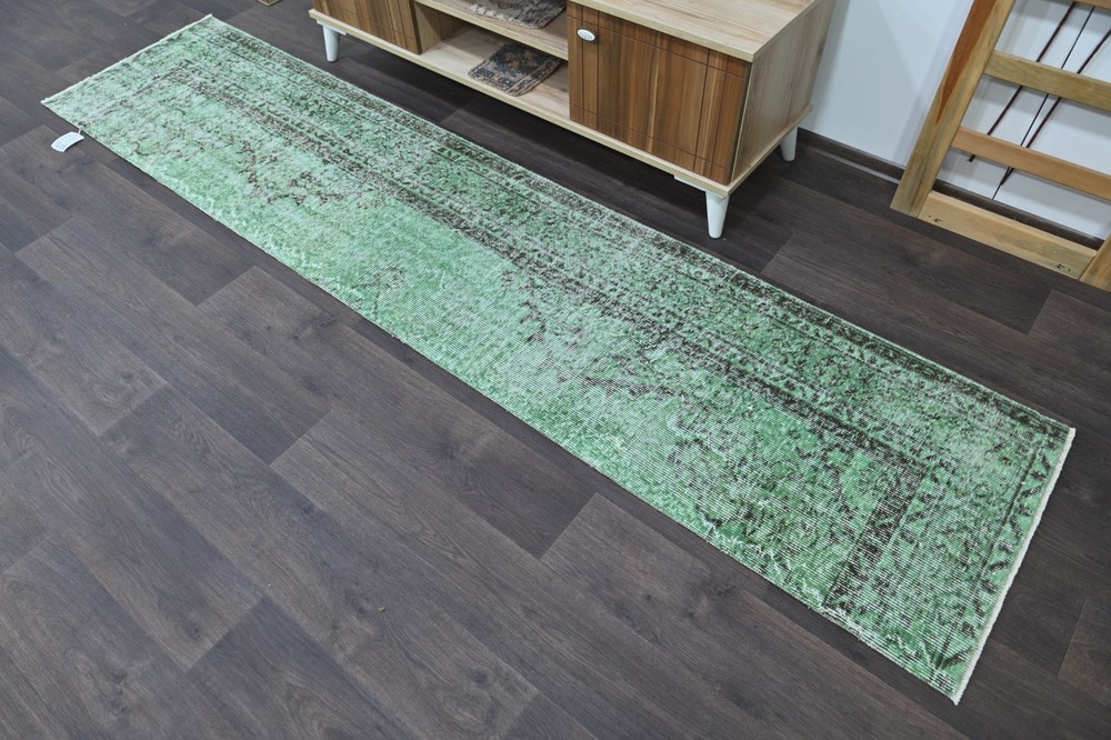 Vintage Turkish Runner Rug 2x9ft GREEN Handmade Anatolian Oushak Hallway Wool