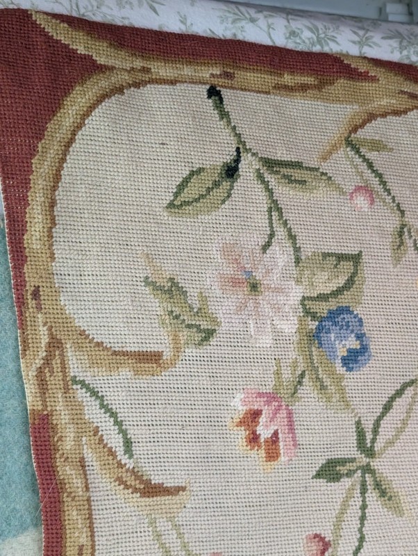 Vintage French Hand Knotted Floral Needle Point Wool Rug or Tapestry 4' x 6' 4" gallery