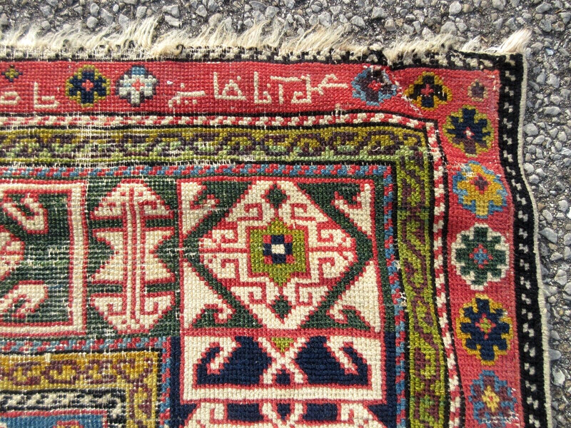 EARLY CIRCA 1880 ANTIQUE CAUCASIAN TRIBAL RUG W/ NATURAL DYES & WIDE BORDER gallery